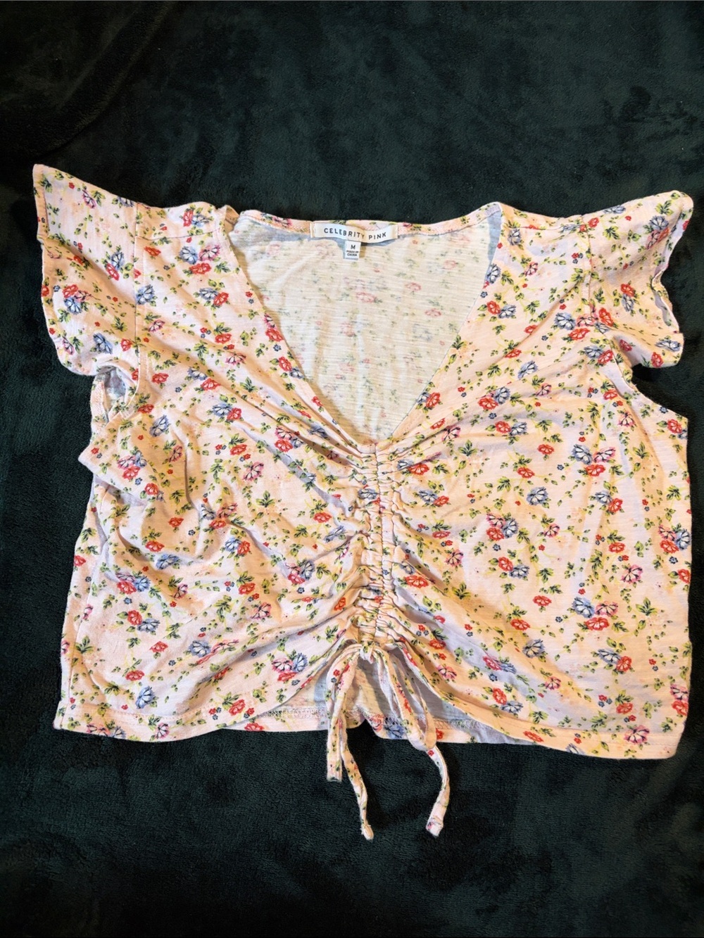 Celebrity Pink Floral Drawstring V-Neck Crop Top
